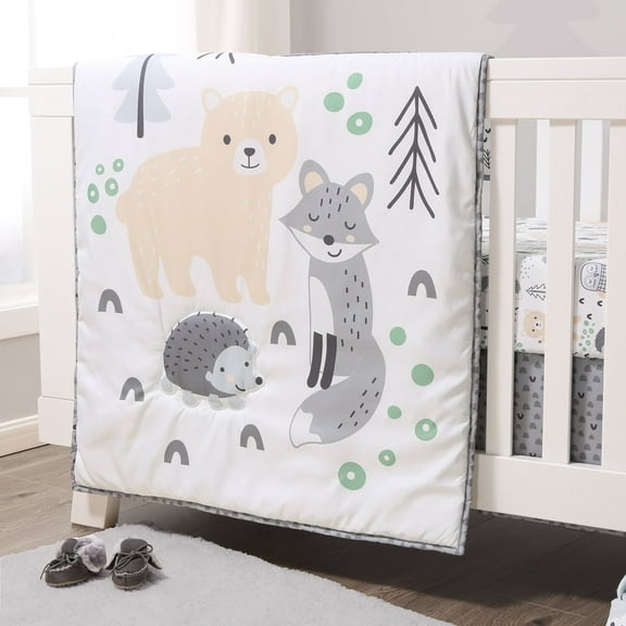 The Peanutshell Grey, Tan and Green Woodscape 5 Piece Crib Bedding Set for Baby Boys or Girls, Nursery Set with Blanket