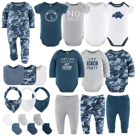 The Peanutshell Layette Gift Set for Baby Boys, Blue Camo, 23 Essential Pieces, 18-24 Months, Blue