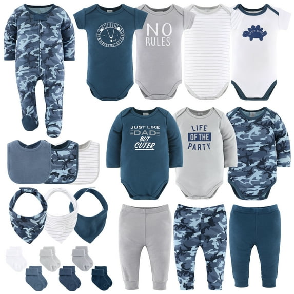 The Peanutshell Layette Gift Set for Baby Boys, Blue Camo, 23 Essential Pieces, 3-6 Months, Blue