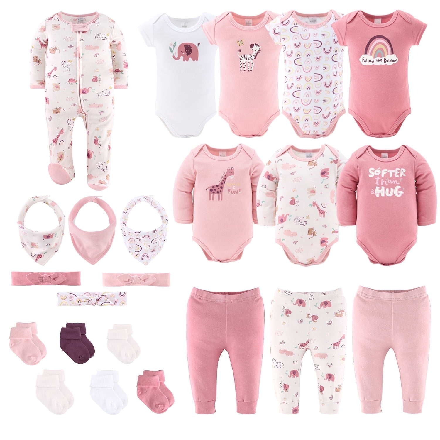 The Peanutshell Layette Gift Set for Baby Girls, 23 Essential Pieces, Pink Rainbow Safari Animals, 0-3 Months
