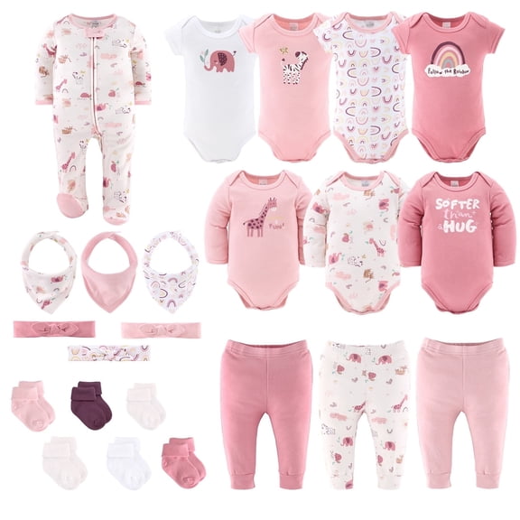 The Peanutshell Layette Gift Set for Baby Girls, 23 Essential Pieces, Pink Rainbow Safari Animals, 0-3 Months