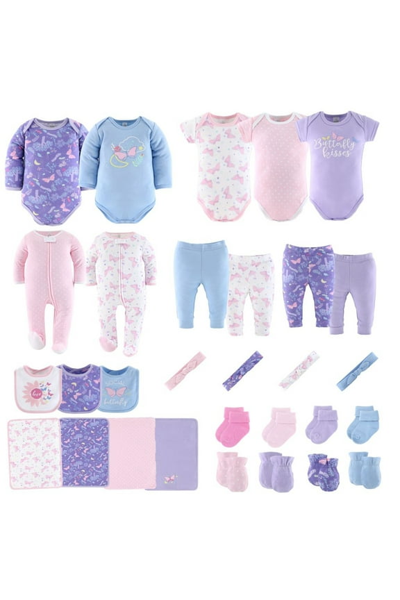 Layette Gift Set for Girls, Purple Pink Butterfly, 30 Essential Pieces, 3-6 Months