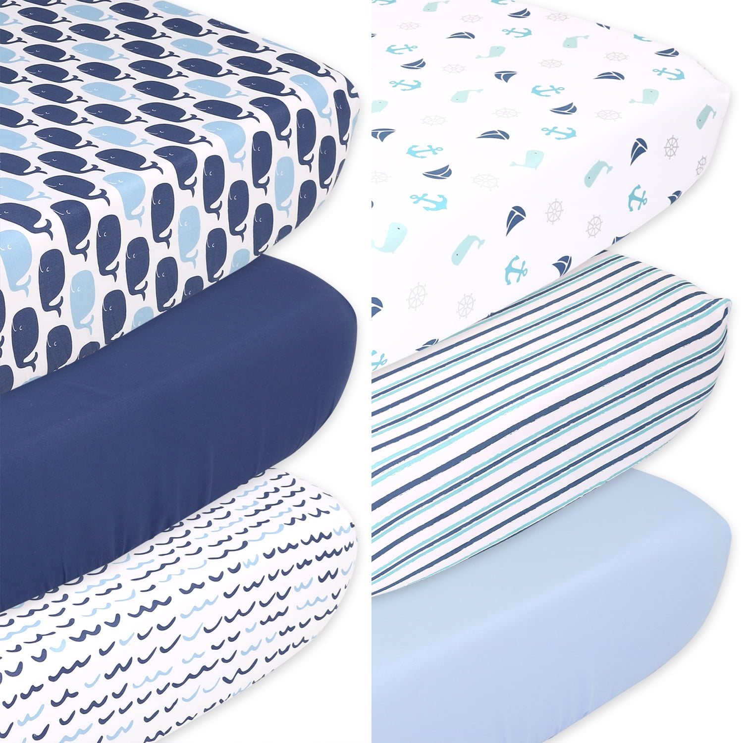 The Peanutshell Nautical Solid and Whale Fitted Crib Sheets for Boys, 6