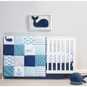The Peanutshell Nautical Whale Patchwork Crib Bedding Set for Baby Boys, 3 Piece Nursery Set with Quilt, Fitted Crib Sheet, and Dust Ruffle