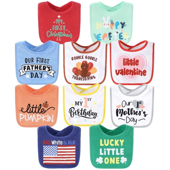 The Peanutshell New Holiday Terry Baby Bib 10 Pack Set for Boys and Girls