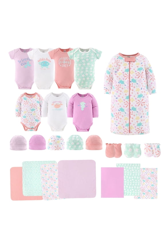 Newborn Baby Girls Layette Gift Set, Ocean Flower, 0-3 Months, 23-Piece
