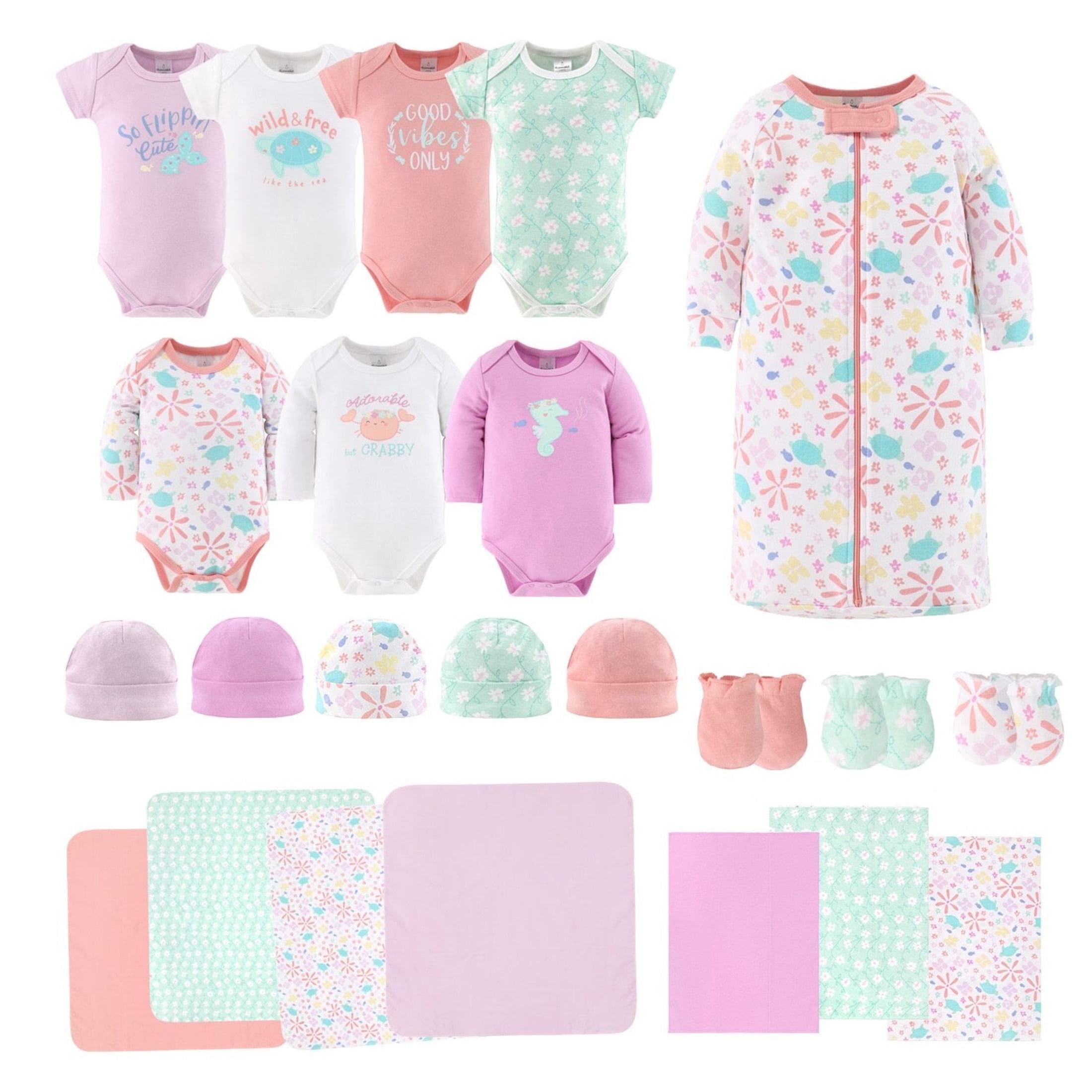 Newborn Baby Girls Layette Gift Set, Ocean Flower, 0-3 Months, 23-Piece