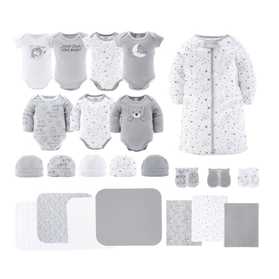 The Peanutshell Newborn Baby Layette Gift Set for Baby Boys and Girls, Shower Gift Essentials, Grey and White Celestial Bears