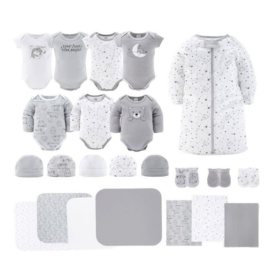 The Peanutshell Newborn Baby Layette Gift Set for Baby Boys and Girls, Shower Gift Essentials, Grey and White Celestial Bears