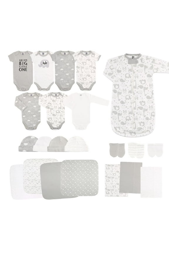 Newborn Baby Layette Gift Set for Boys and Girls, Shower Gift Essentials, Grey Sleepy Elephants