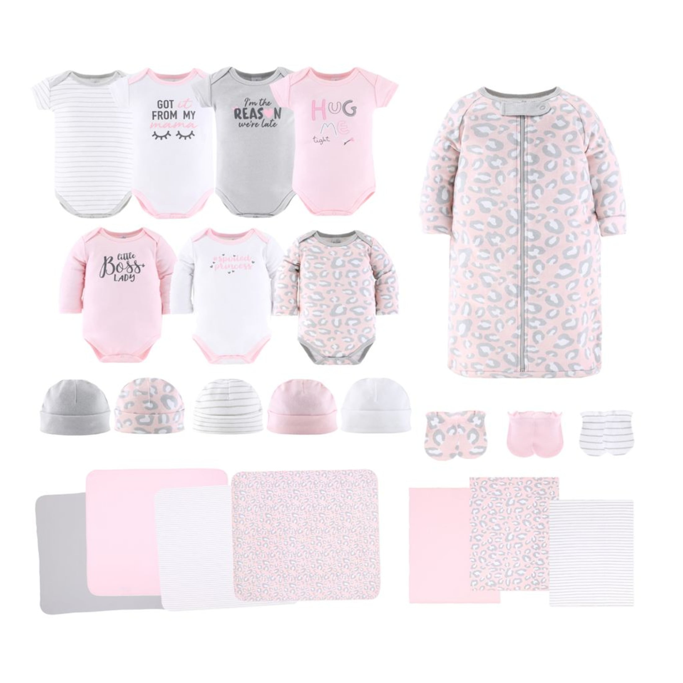 Newborn Baby Layette Gift Set for Girls, Shower Gift Essentials, Pink Cheetah Print