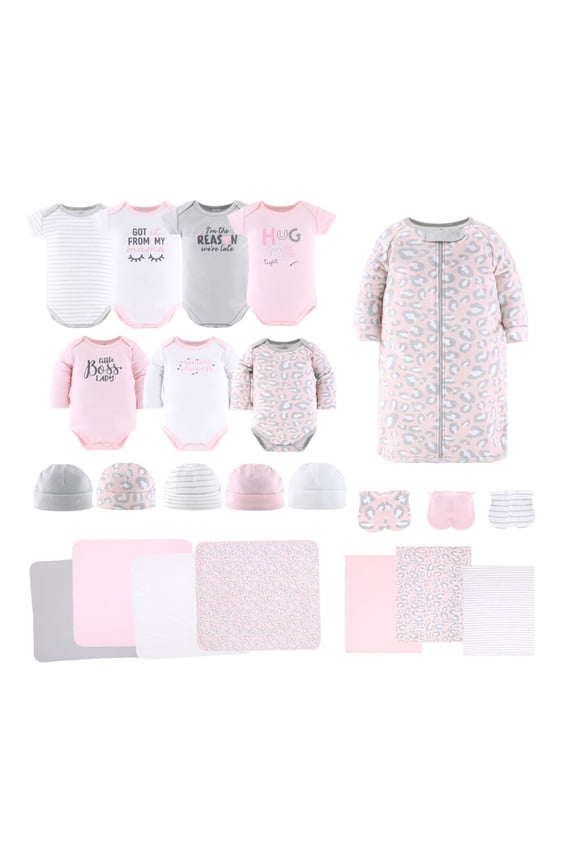 Newborn Baby Layette Gift Set for Girls, Shower Gift Essentials, Pink Cheetah Print
