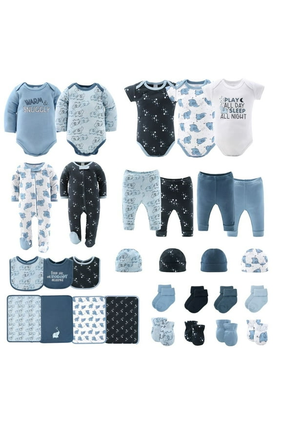 Newborn Layette Gift Set, Blue and White Elephant, 30 Essential Pieces, 0-3 Months