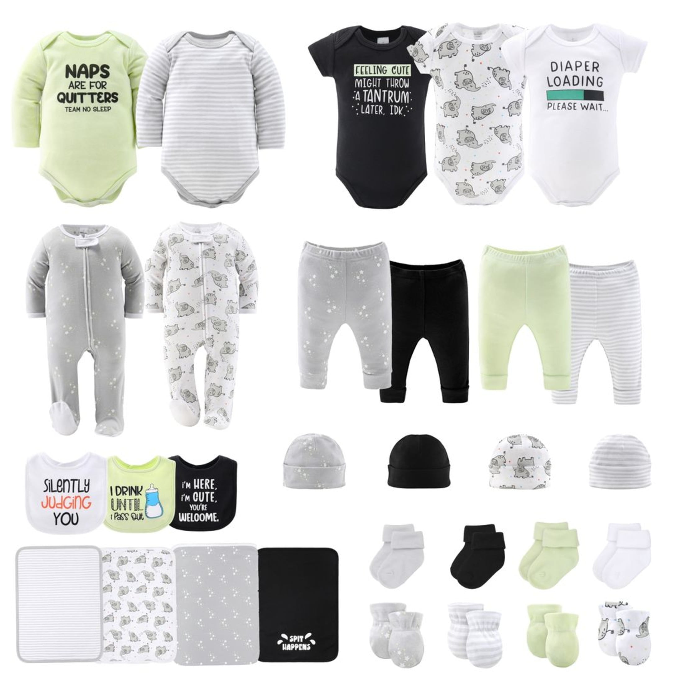 The Peanutshell Newborn Layette Gift Set, Green Funny Basics, 30 Essential Pieces, 0-3 Months