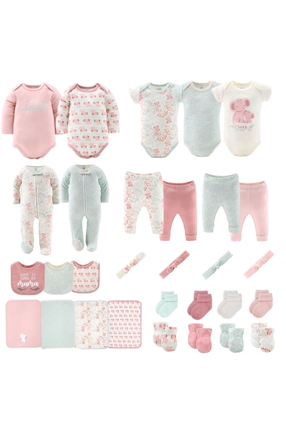 Baby Girl Pink Floral Elephant Cotton Layette Gift Set, Baby Clothes Essentials, 30-Piece