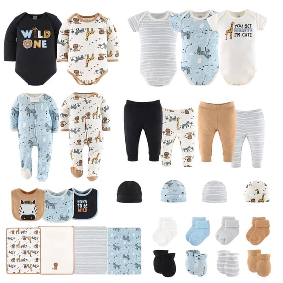 The Peanutshell Baby Boy Blue Safari Cotton Layette Gift Set, Baby Clothes Essentials, 30-Piece