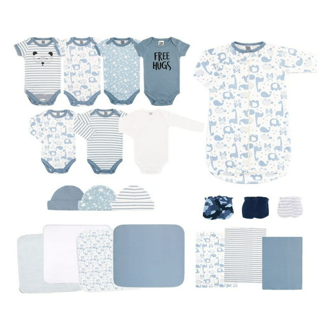 The Peanutshell Newborn Layette Gift Set for Baby Boys or Girls, 23 Piece Essentials, Blue Stars, Stripes, and Animals, 0-3 Months