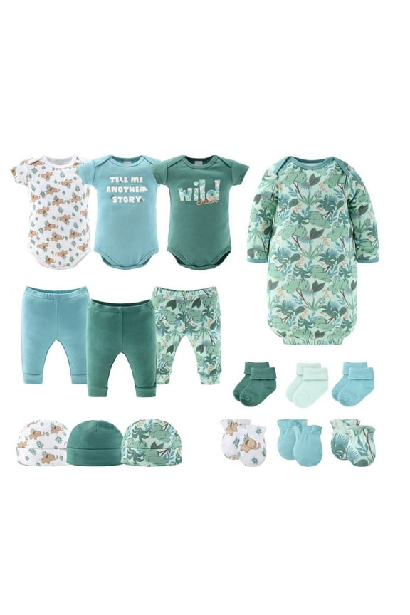 Newborn Layette Gift Set for Baby Boys or Girls, Blue Green Wild Jungle, 16 Essential Pieces, 0-3 Months