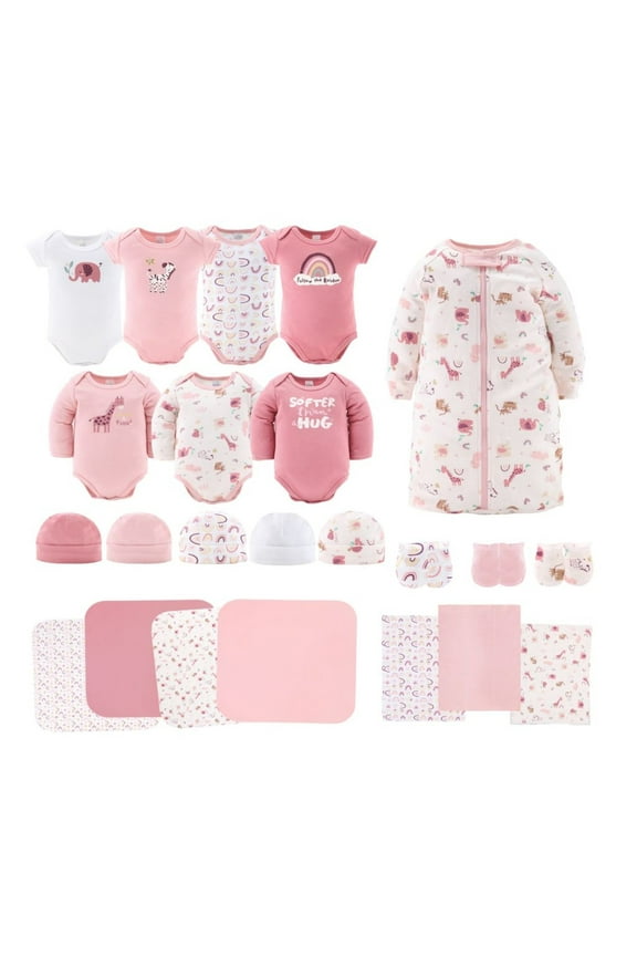 Newborn Layette Gift Set for Baby Girls, 23 Essential Pieces, Pink Rainbow Safari Animals, 0-3 Months