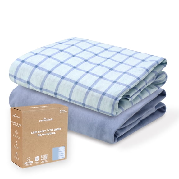 The Peanutshell Organic Cotton Baby Crib Sheets for Boys and Girls, Blue Windowpane, 2 Pack