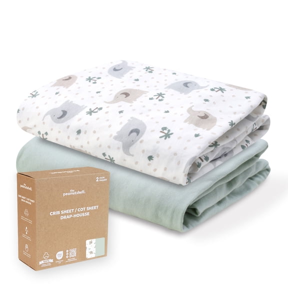 The Peanutshell Organic Cotton Baby Crib Sheets for Boys and Girls, Elephant Pale Sage, 2 Pack