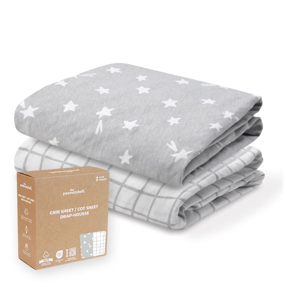 The Peanutshell Organic Cotton Baby Crib Sheets for Boys and Girls, Grey Star, 2 Pack