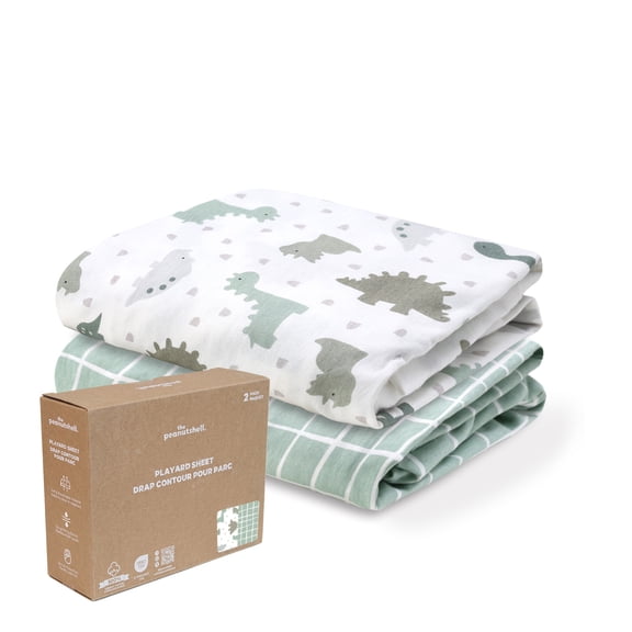 The Peanutshell Organic Cotton Playard Toddler Bed Sheets for Baby Boys and Girls, Sage Dino, 2 Pack