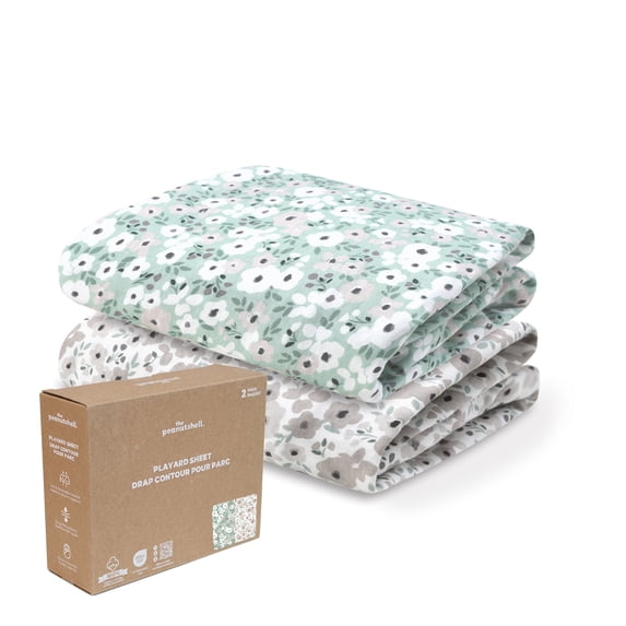 The Peanutshell Organic Cotton Playard Toddler Bed Sheets for Baby Boys and Girls, Sage Floral, 2 Pack