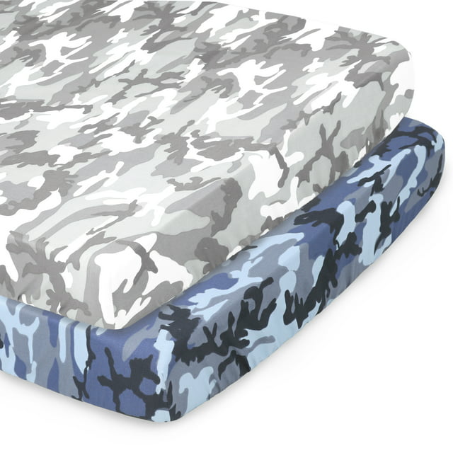 The Peanutshell Pack n Play, Mini Crib, Portable Crib or Fitted Playard Sheets for Baby Boys, 2 Pack Set, Blue and Grey Camo