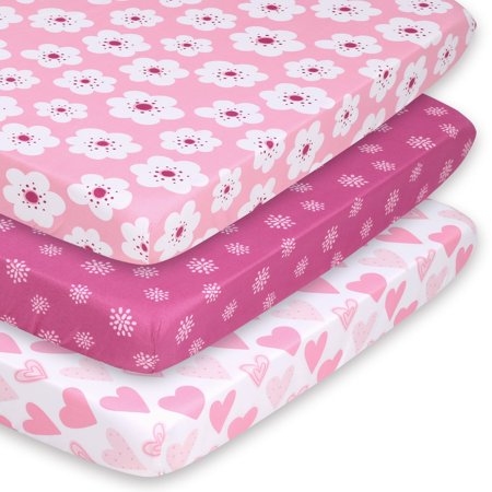 The Peanutshell Pack n Play, Mini Crib, Portable Crib or Fitted Playard Sheets for Baby Girl, Mod Floral, 3 Pack Set