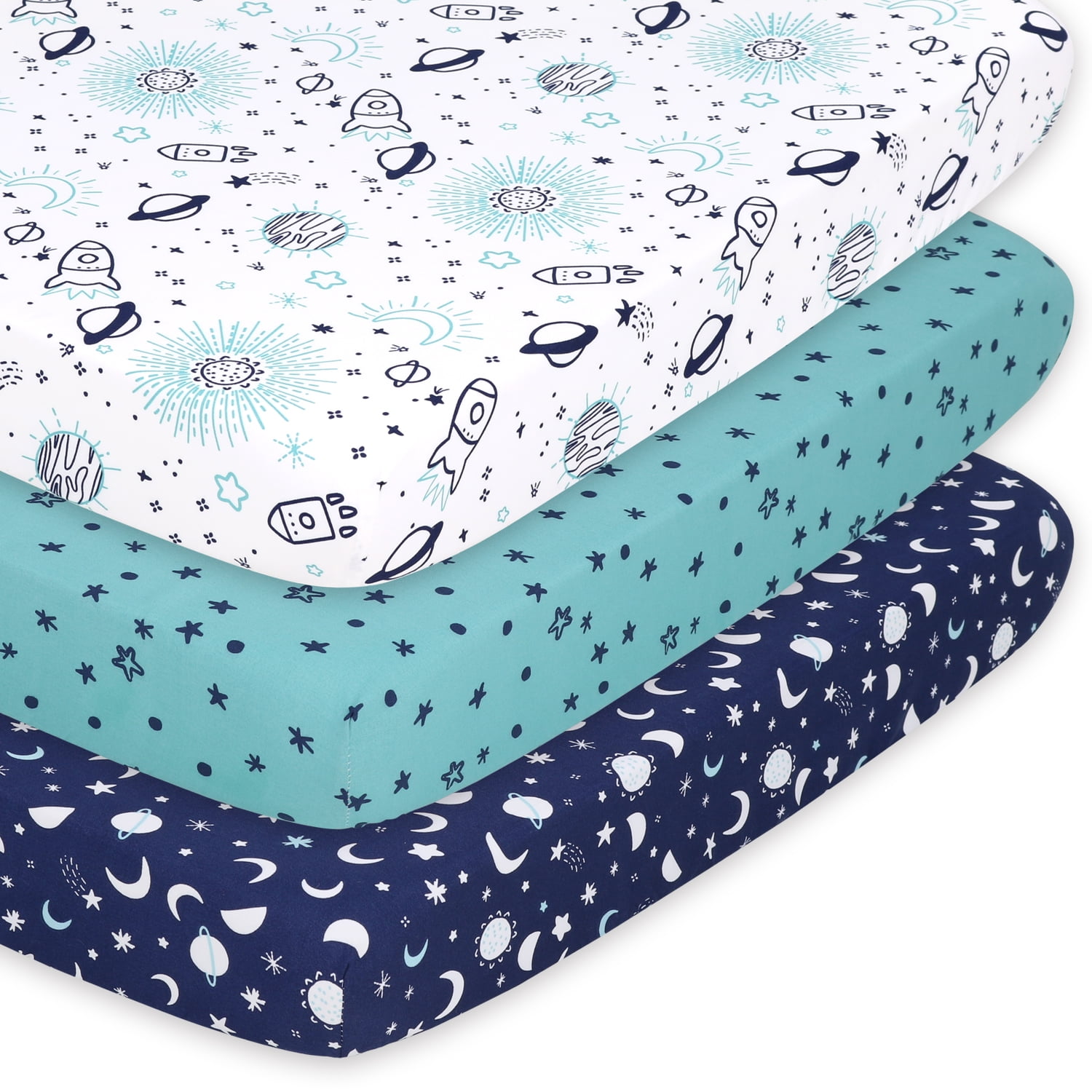 The Peanutshell Pack n Play, Mini Crib, Portable Crib or Fitted Playard Sheets for Baby Boy, Space, 3 Pack Set