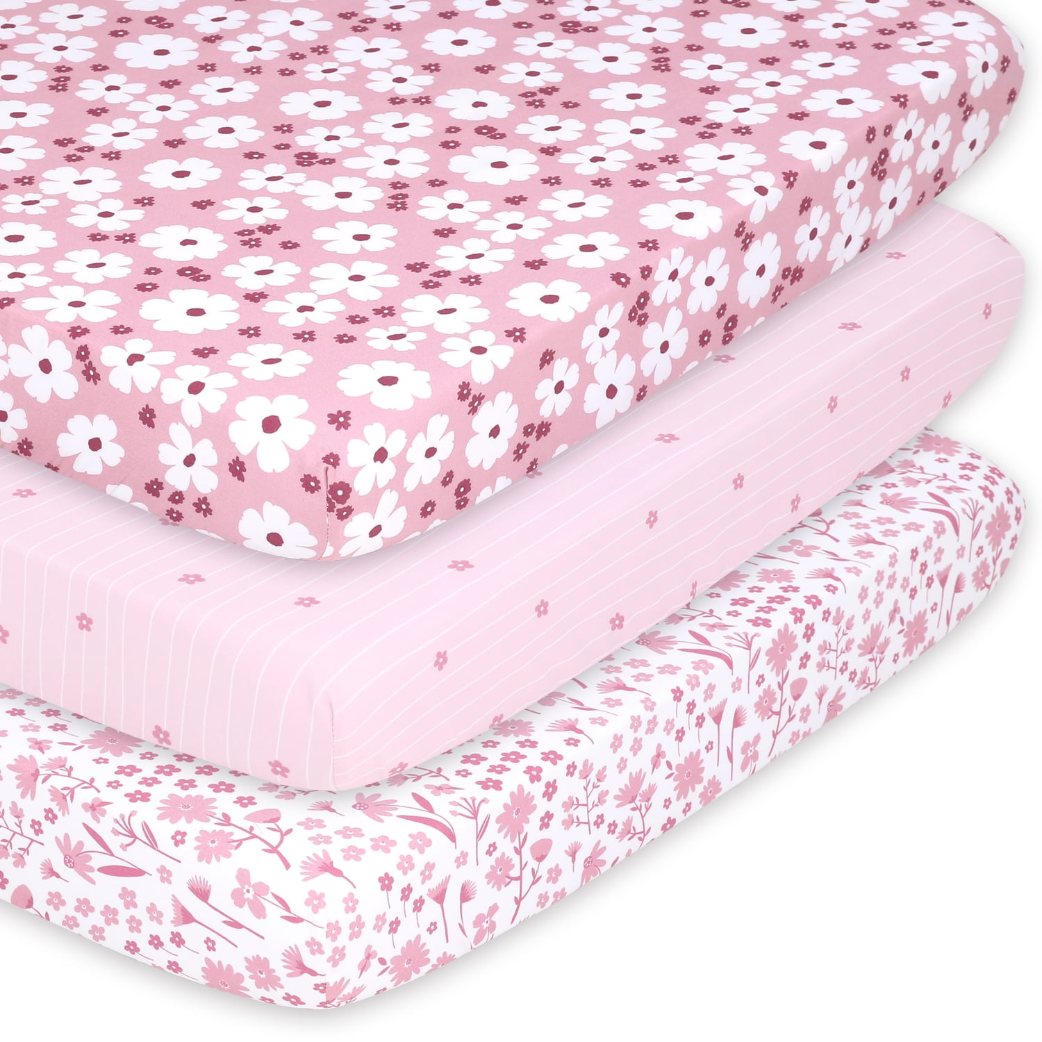 Peanutshell 3Pk Daisy Playpen Bedding Sheets for Baby Girl, Mini Crib