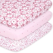 The Peanutshell Pack n Play, Mini Crib, Portable Crib or Fitted Playard Sheets for Baby Girl, Pink Daisy, 3 Pack Set