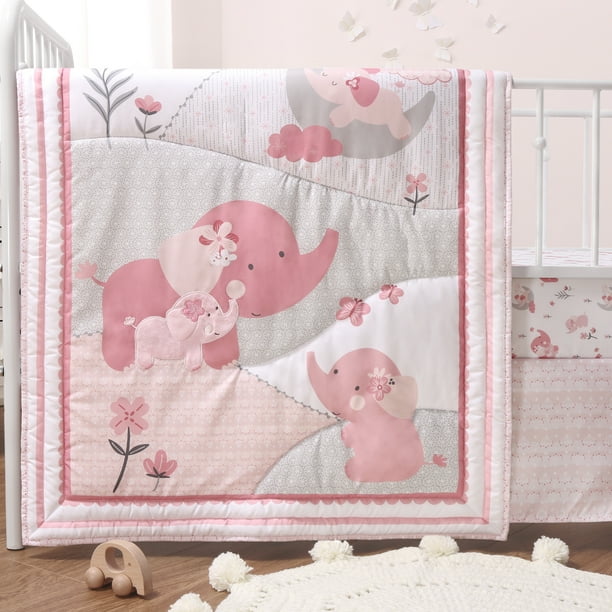 The Peanutshell Pink Elephant Crib Bedding Set for Baby Girls, 3 Piece