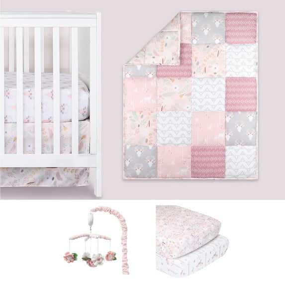 The Peanutshell Pink Floral Meadow 6 Piece Baby Nursery Crib Bedding Set, Quilt, Crib Sheets, Crib Skirt, and Mobile