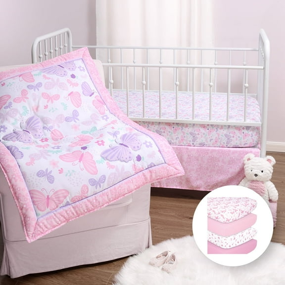 The Peanutshell Pink and Purple Butterfly Song 7 Piece Baby Nursery Crib Bedding Set, Quilt, Crib Sheets, and Crib Skirt