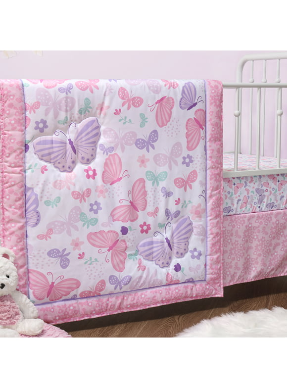 The Peanutshell Pink and Purple Butterfly Song Crib Bedding Set for Baby Girls, 3 Piece Nursery Set