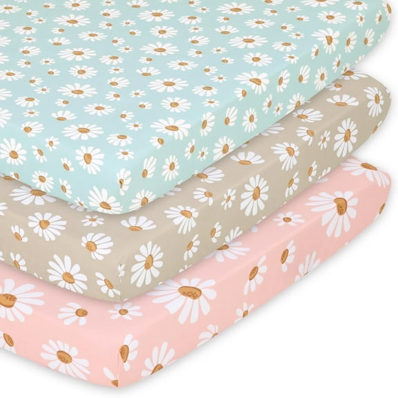 The Peanutshell Playard Mini Crib Sheets for Mini, Portable, Playard, and Pack n Play Cribs, Daisy Dreams, 3-Pack