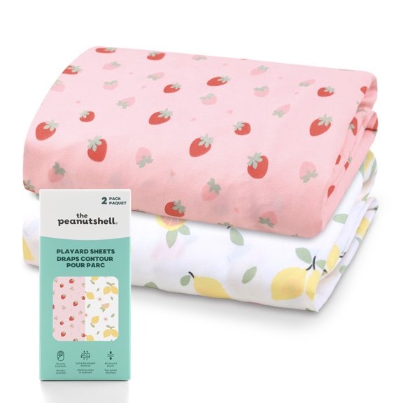 The Peanutshell Strawberry Lemonade Pack n Play Sheets, Mini Crib Sheets, Fits 39" x 27", 2 Pack