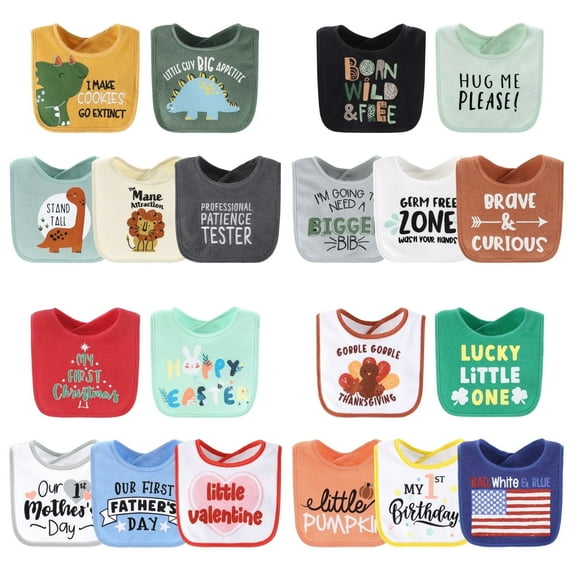 The Peanutshell Terry Bibs for Baby Boys, 20 Pack for Feeding, Teething, or Drooling, Dino Boy/Holiday