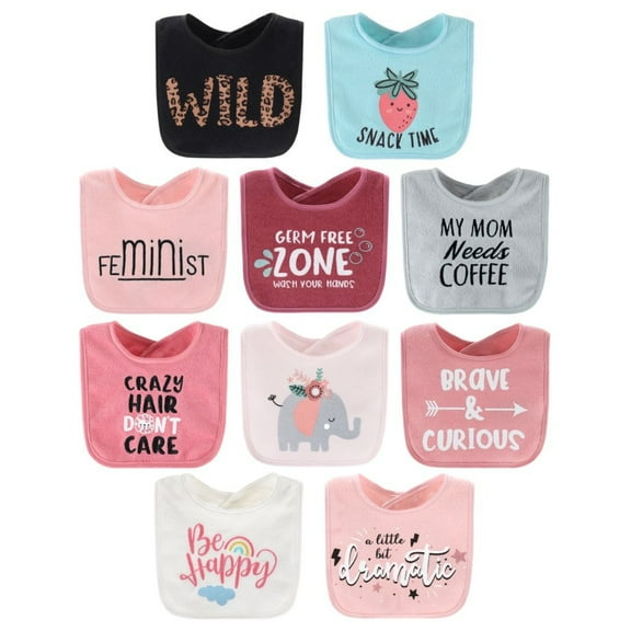 The Peanutshell Terry Feeding Baby Girl Bibs, 10 Pack, Wild Child