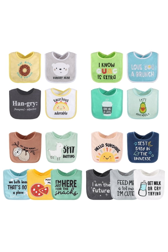 Unisex Terry Bibs, 18 Pack for Feeding, Teething, or Drooling, Neutral Foods/Hello Sunshine
