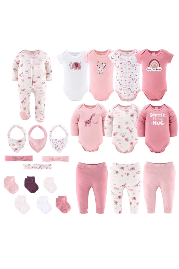 Layette Gift Set for Baby Girls, 23 Essential Pieces, Pink Rainbow Safari Animals, 12-18 Months