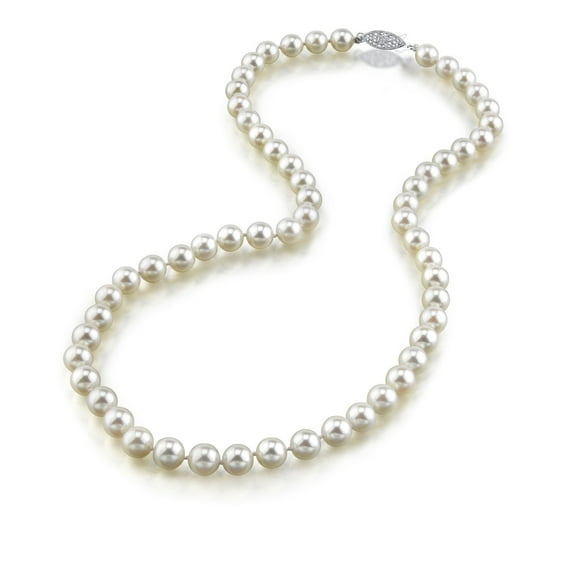 The Pearl Source 14K Gold 6.0-6.5mm Round Genuine White Japanese Akoya Saltwater Cultured Pearl Necklace in 24" Matinee Length for Women