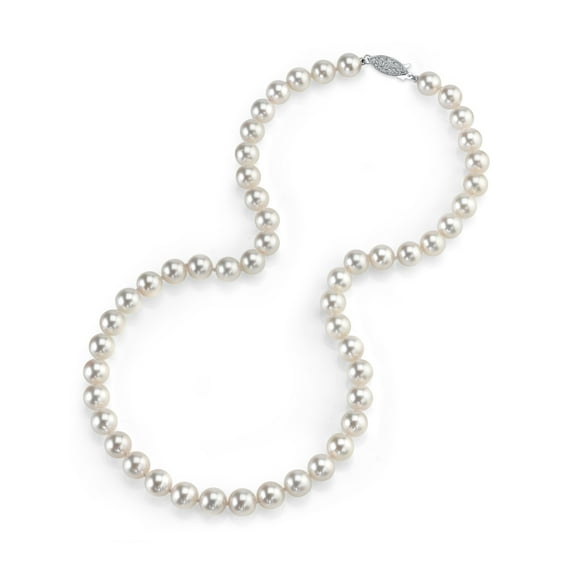 The Pearl Source 14K Gold 7.0-7.5mm Hanadama Quality Round Genuine White Japanese Akoya Saltwater Cultured Pearl Necklace in 17" Princess Length