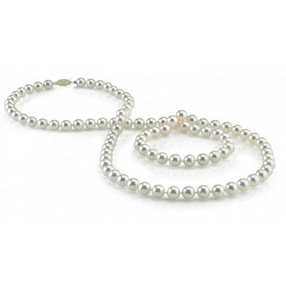 The Pearl Source 14K Gold 8.0-8.5mm Round Genuine White Japanese Akoya Saltwater Cultured Pearl Necklace in 36" Opera Length