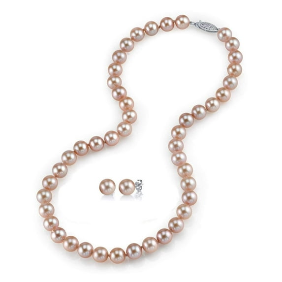 The Pearl Source 7-8mm Pink Freshwater Cultured Pearl Set with Necklace and Earrings in 14K Gold