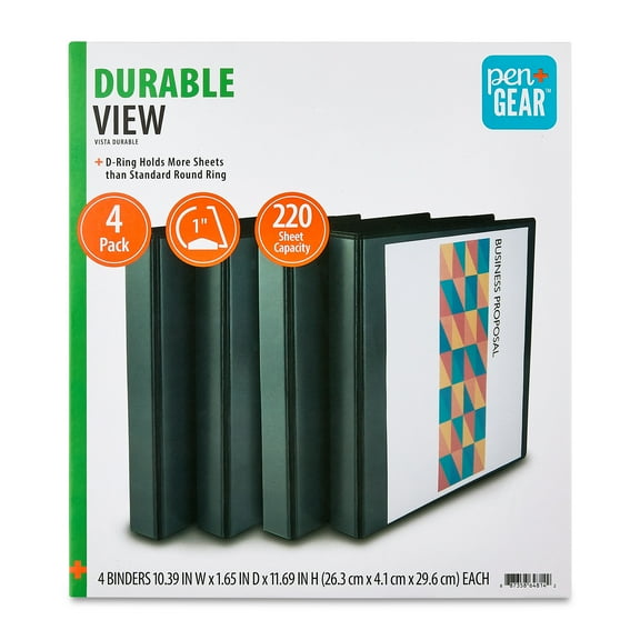 Pen+Gear Durable View 1-inch D-Ring Binders, 4 Count, Black