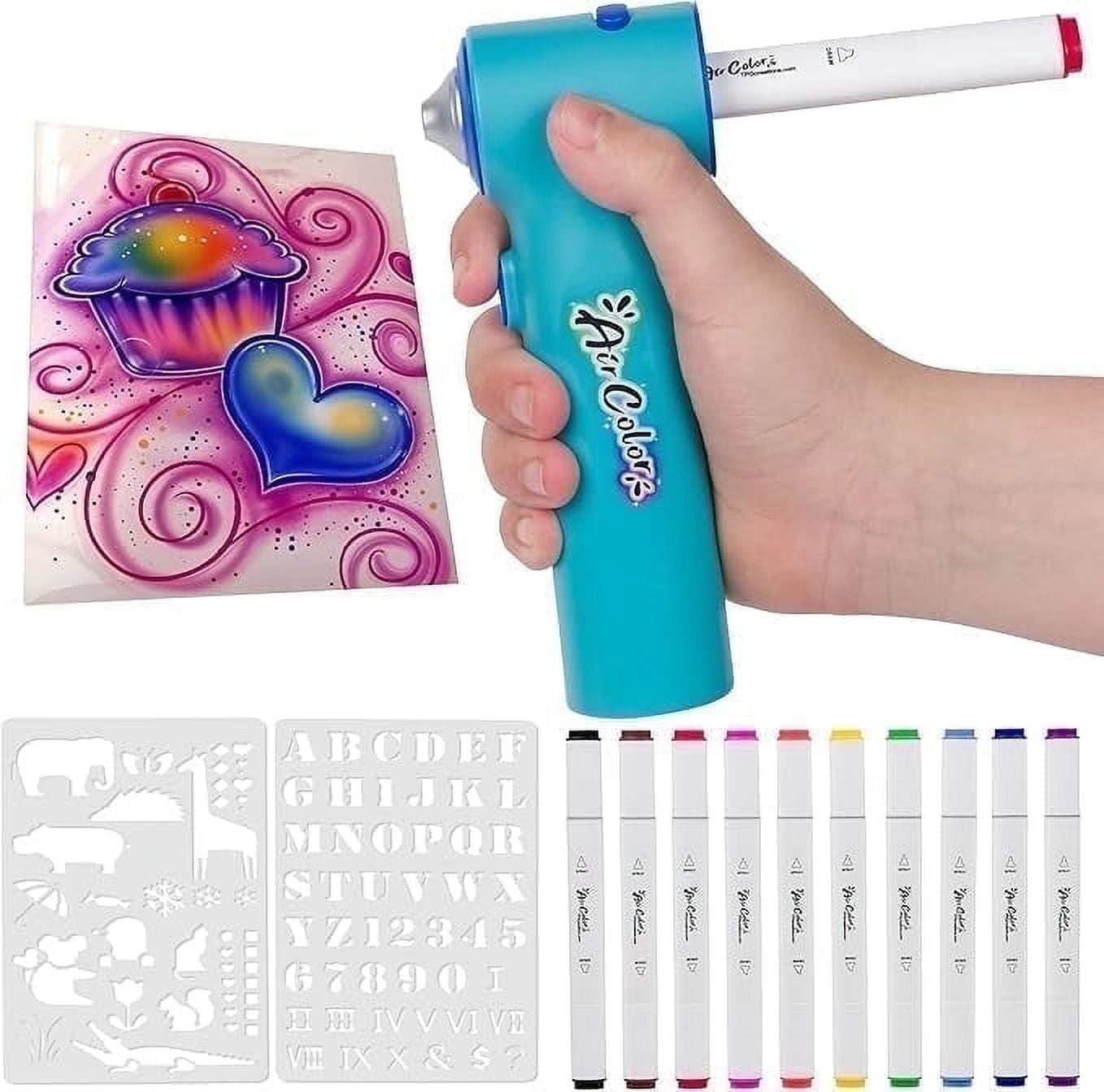 Air Color Airbrush Marker Kit, Cordless and Rechargeable Air Brush Set Includes 10 Washable Markers, Stencils, Charging Cable, Arts & Crafts Gift Set for Painting, Coloring, School Projects