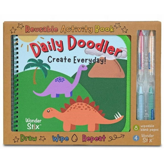 The Pencil Grip Daily Doodler Reusable Activity Book- Dino Cover, Includes 4 Wonder Stix